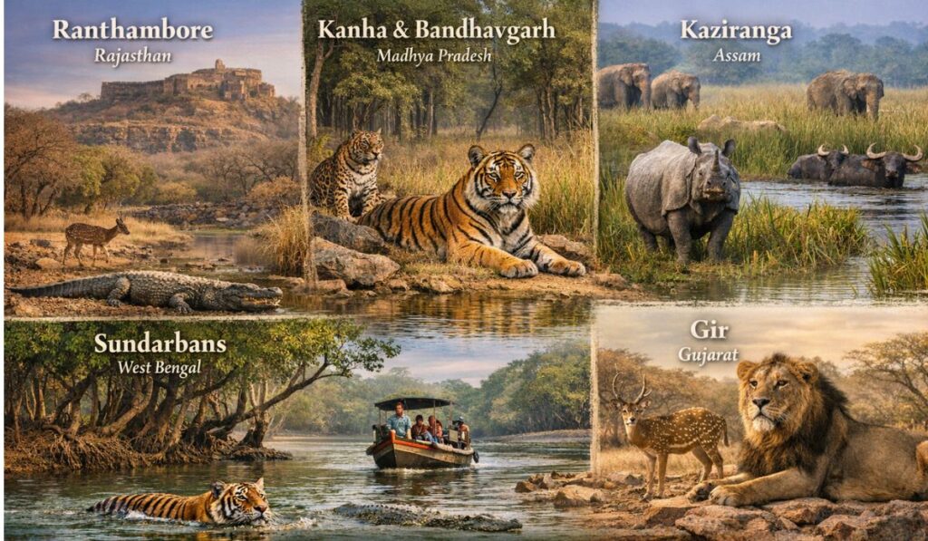 Wildlife Safari in India – Top National Parks and Reserves Wildlife destinations in India featuring Ranthambore, Kanha, Bandhavgarh, Kaziranga, Sundarbans and Gir National Park