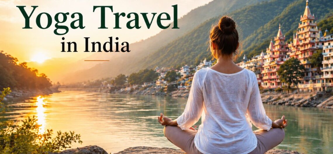 Person meditating by river in Rishikesh during best season for yoga travel in India