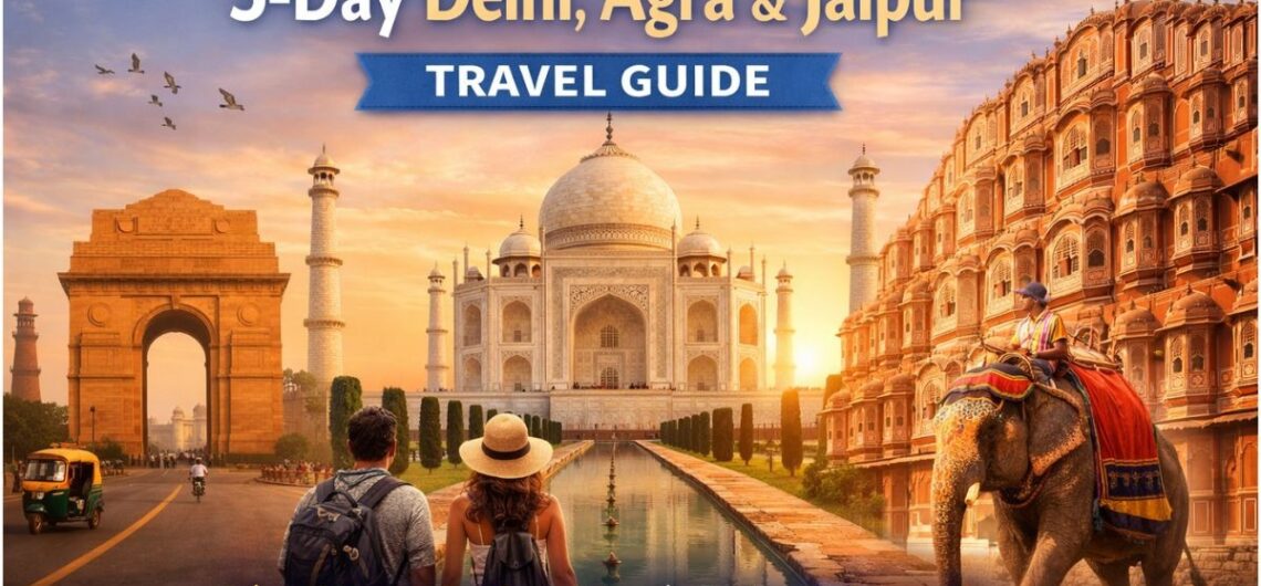 5-day Delhi Agra Jaipur travel guide featuring India Gate, Taj Mahal, Hawa Mahal, and tourists planning a North India adventure