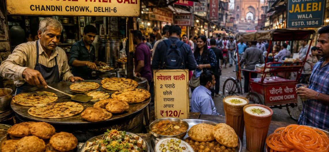 Popular Delhi street food including paratha, chaat, jalebi, kachori, and local snacks served in Chandni Chowk market