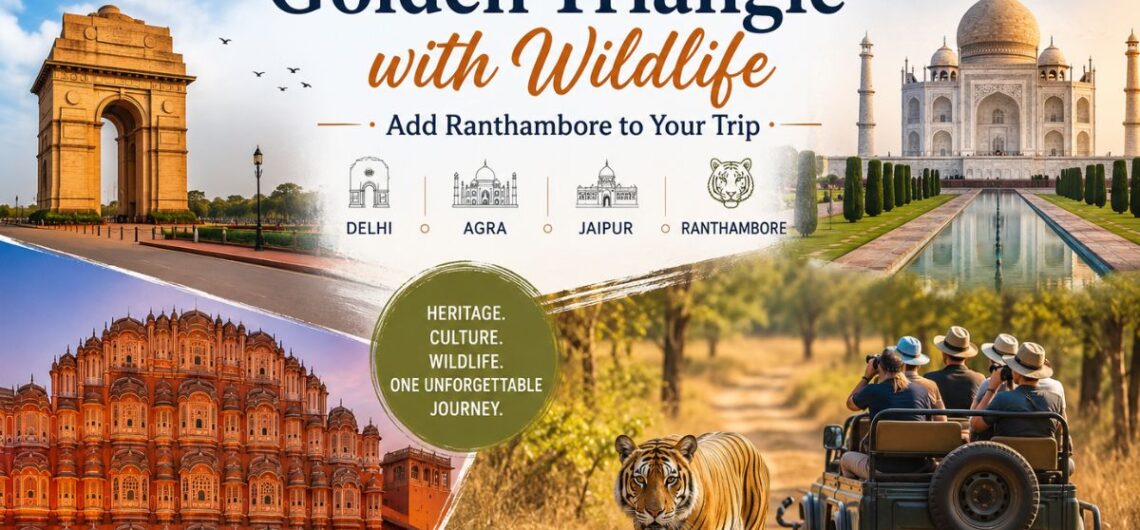 Golden Triangle with Wildlife tour featuring Delhi, Agra, Jaipur, Taj Mahal, Hawa Mahal, and Ranthambore tiger safari