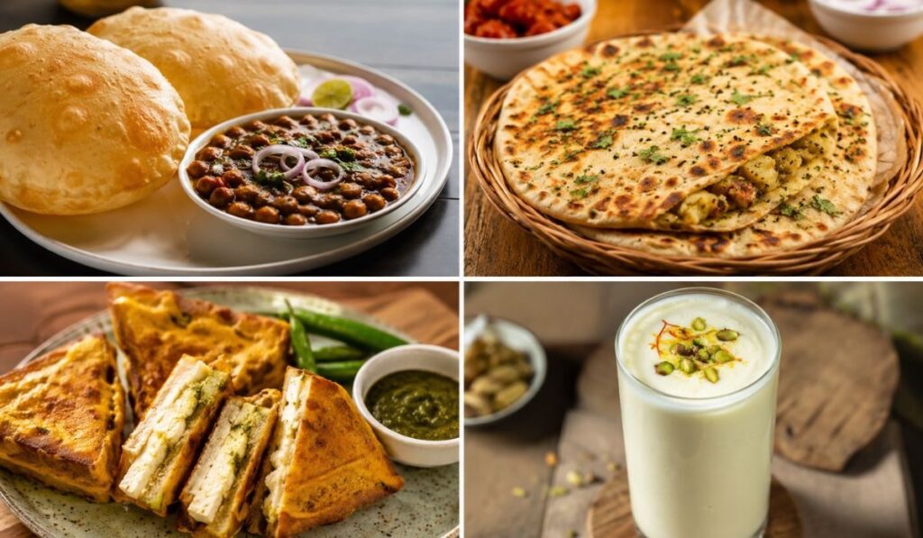 Delhi Street Food Highlights – Must-Try Local Food Experiences Popular Delhi street food including chole bhature, stuffed paratha, paneer snacks, and traditional lassi