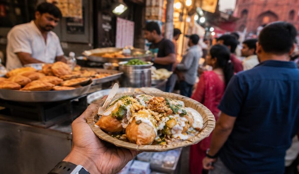 Delhi Street Food Chaat Experience in Chandni Chowk Freshly served Delhi street food chaat at a busy food stall in Chandni Chowk market with local visitors and vendors