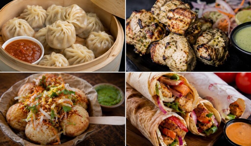 Momos, Fusion Snacks and Affordable Global Eats in Delhi Popular Delhi food options featuring momos, fusion snacks, grilled appetizers, dahi-based street food, and affordable global cuisine