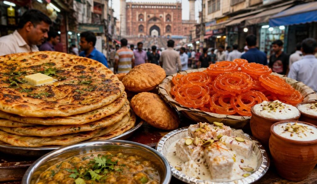 Famous Foods of Delhi – Street Food Delights in Chandni Chowk Traditional Delhi street food featuring parathas, jalebi, chole, sweets, and lassi in the bustling streets of Chandni Chowk